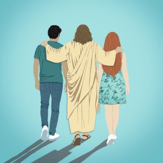 Jesus walking with hands on shoulders of two people as they walk away